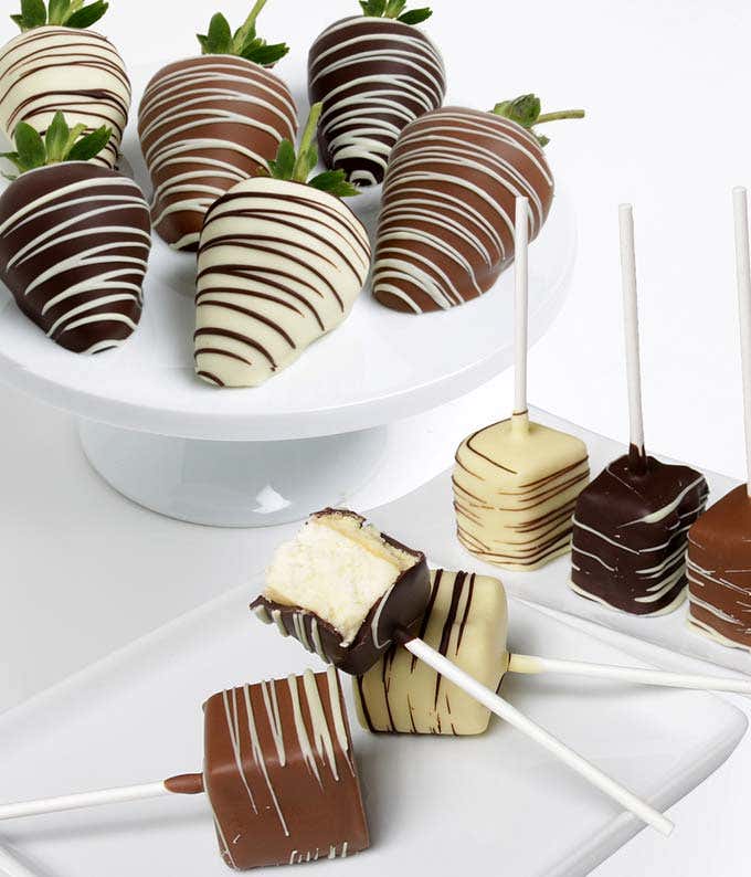 Chocolate Covered Strawberries and chocolate covered cheesecake bites with chocolate drizzle
