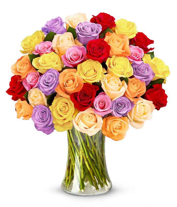 A large clear glass gathering vase containing 36 roses in a variety of colors: red, orange, yellow, pink & cream.