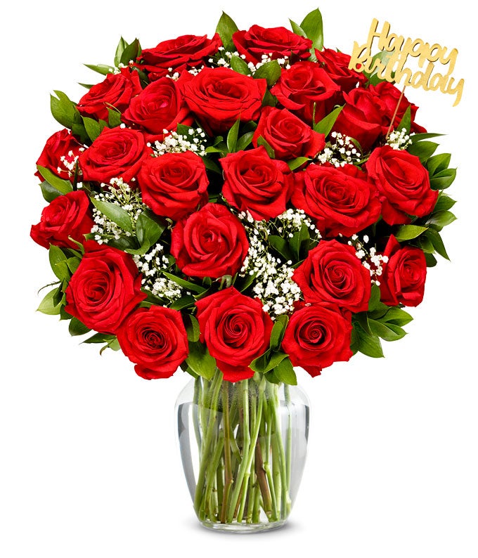 Two Dozen Red Roses with Birthday Pick