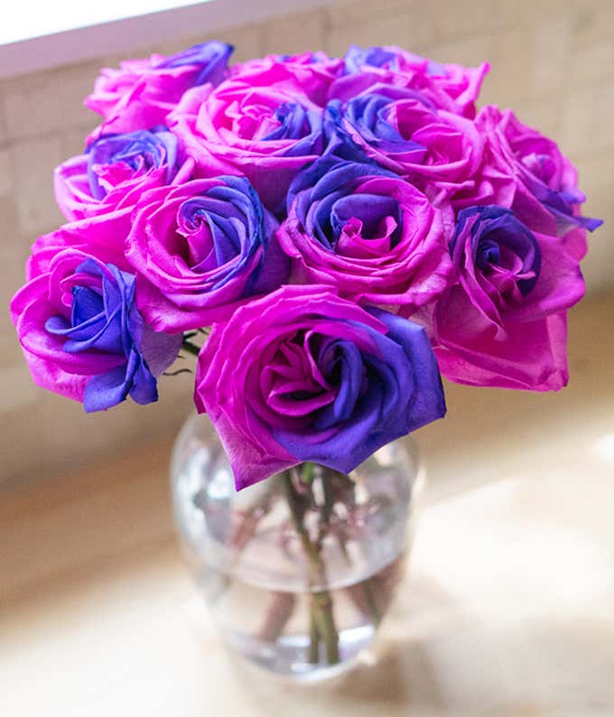 One Dozen Pink & Violet Cosmic Roses in Clear Glass Vase at From You Flowers