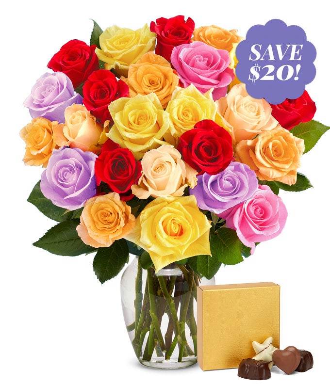 Two Dozen Rainbow Roses with Chocolates