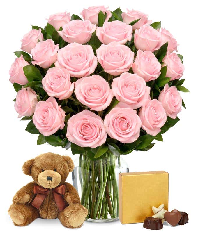 Two dozen pink roses delivered for Valentine with bear and chocolates