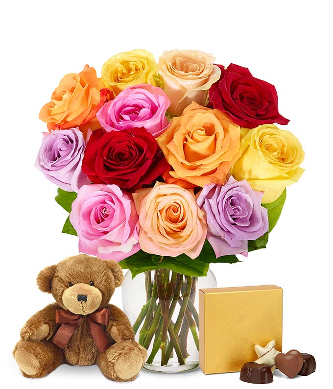 One Dozen Rainbow Roses + Chocolates + Bear