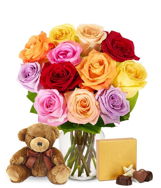 One Dozen Rainbow Roses + Chocolates + Bear
