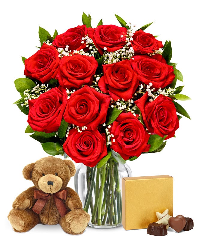 One Dozen Premium Long Stem Red Roses with Chocolates & Bear