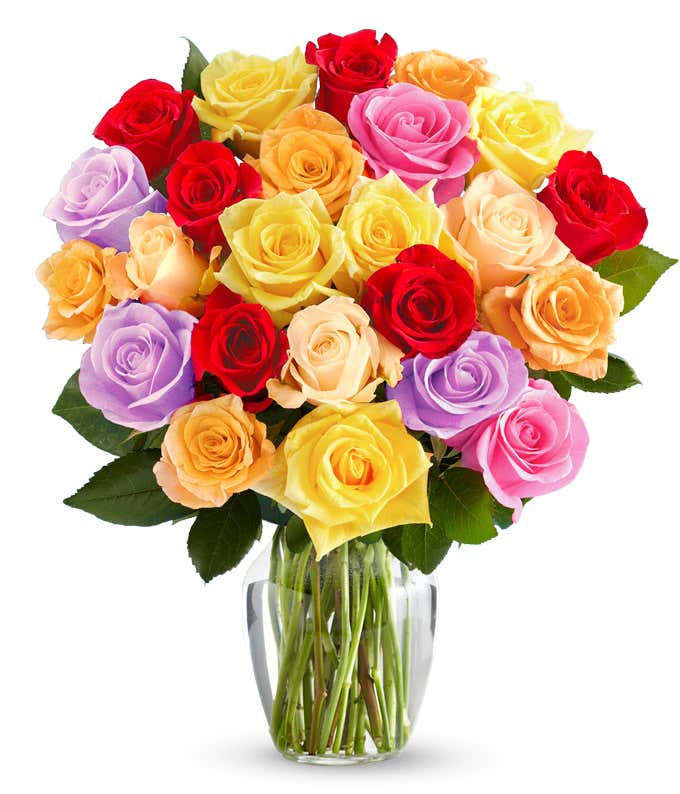 A bouquet of two dozen rainbow roses.