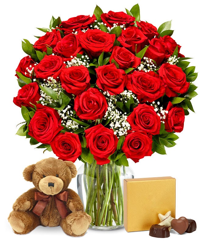 Two Dozen Red Roses with Bear & Chocolates
