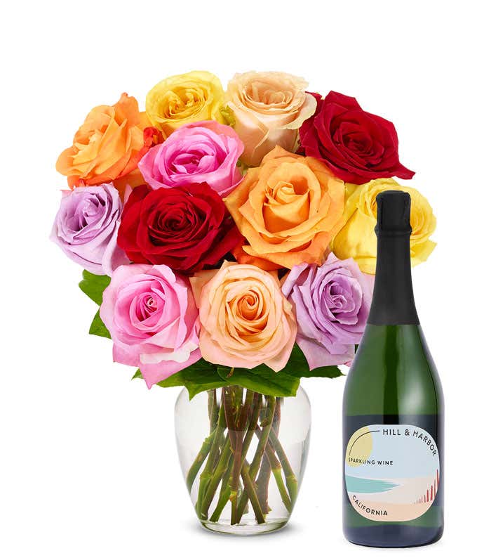 One Dozen Rainbow Roses with Sparkling Wine