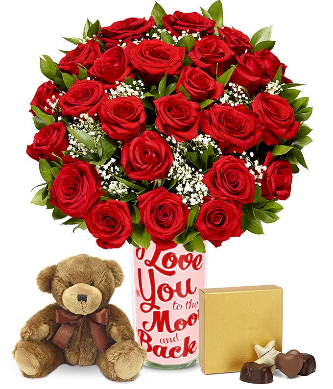 Two Dozen Red Love You to the Moon Roses with Chocolates & Teddy Bear