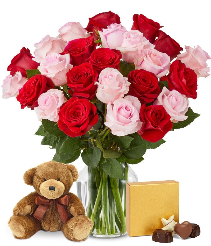 Two Dozen Red & Pink Roses with Chocolates & Bear