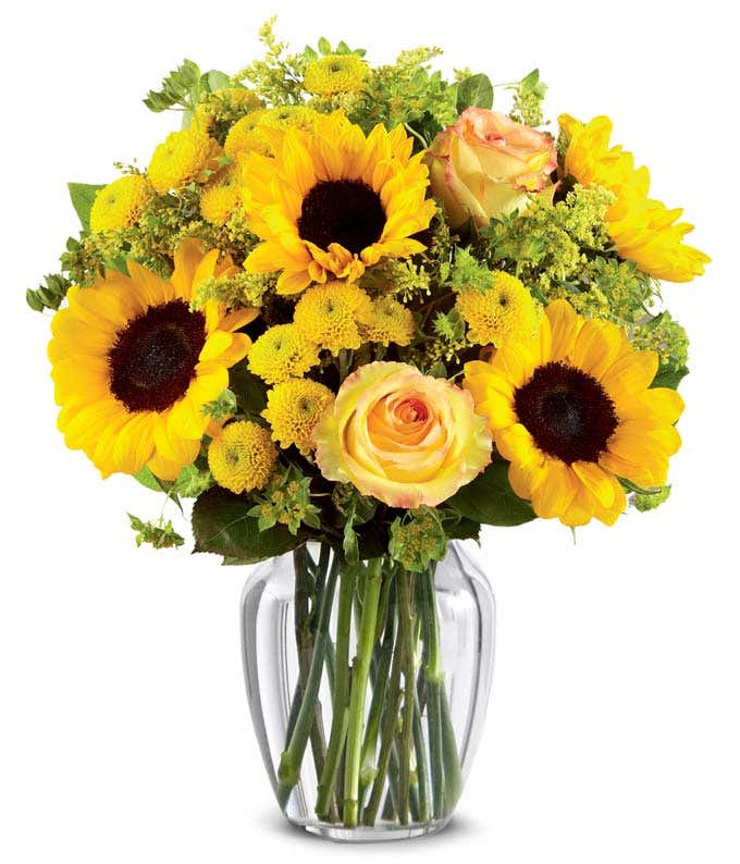 A bouquet featuring yellow/orange bi-color roses, sunflowers, yellow button poms, yellow solidago, and bupleurum, with an optional vase.