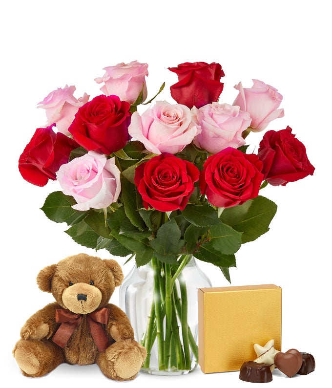 One Dozen Red & Pink Roses with Chocolates & Teddy Bear