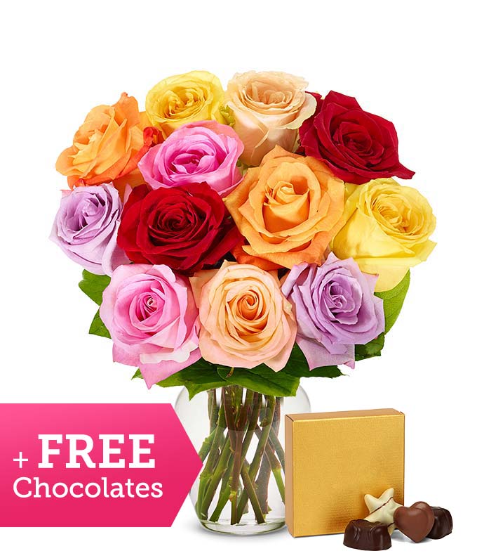 One Dozen Assorted Roses with Free Chocolate