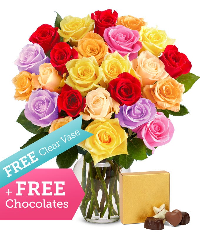 Two Dozen Rainbow Roses with Free Vase & Chocolates
