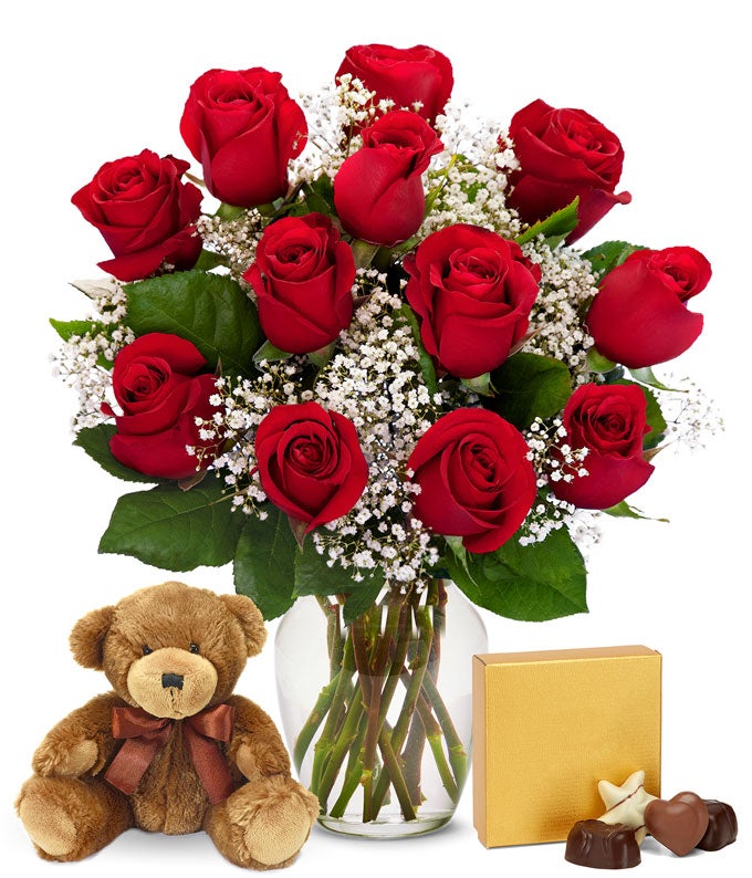 One Dozen Red Roses with Chocolates & Teddy Bear