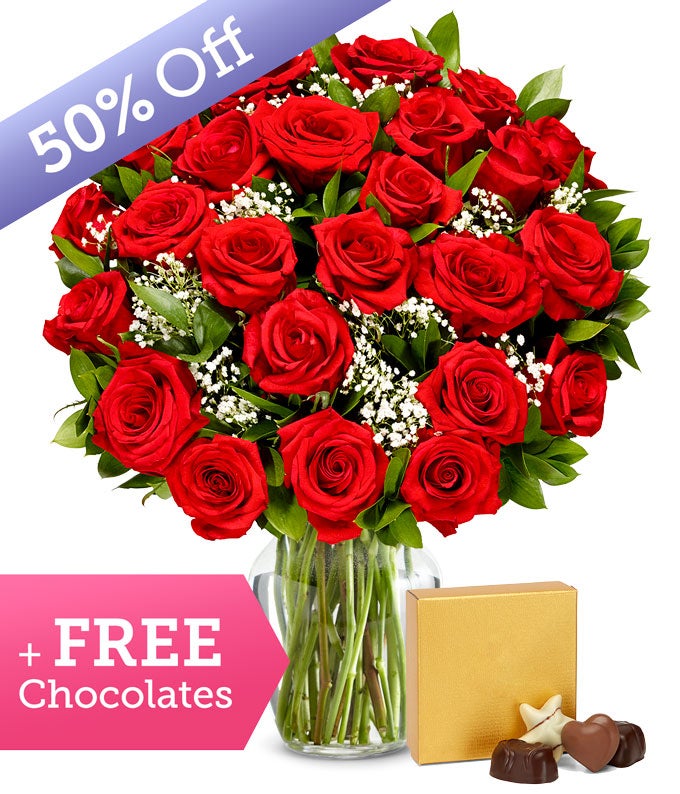 Premium Two Dozen Red Roses with Free Chocolates