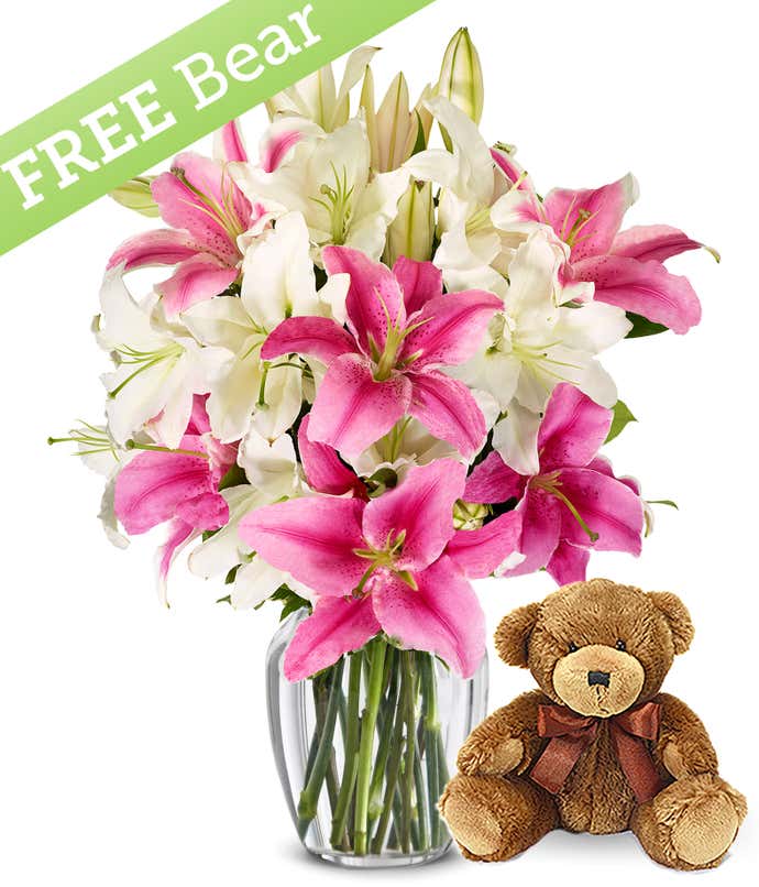 Pink and White Lilies with Free Bear