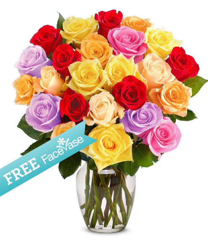Two Dozen Rainbow Roses with Free Facevase