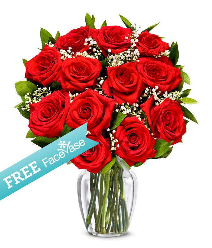 One Dozen Premium Red Roses with Free Facevase