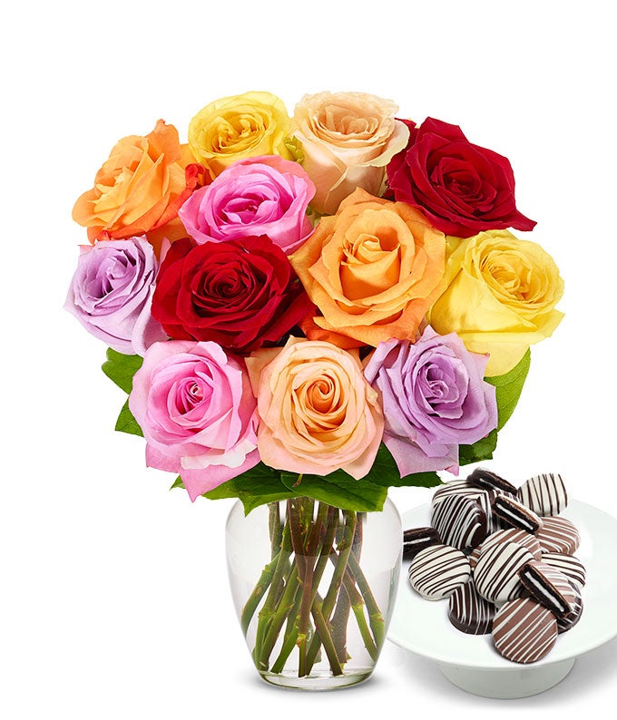 One Dozen Rainbow Roses with Drizzled Oreos