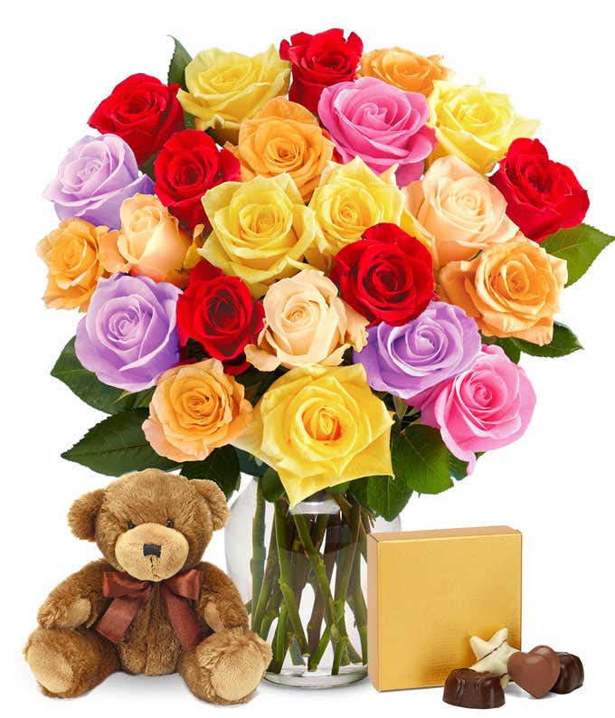 Two Dozen Mixed Rainbow Roses + Chocolates + Bear