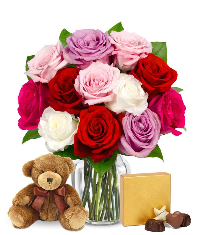 One Dozen Sweetheart Roses with Teddy Bear & Chocolates
