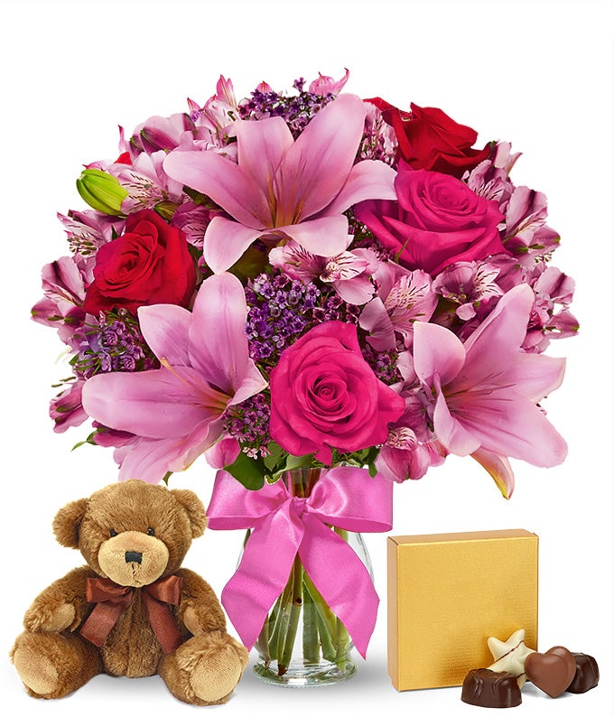 Rose & Lily Celebration with Bear & Chocolate