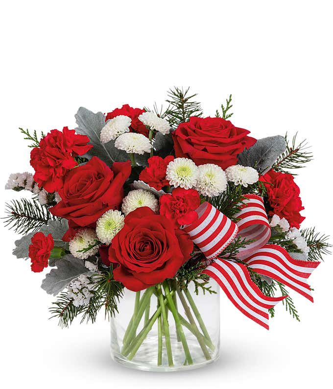 Festive holiday bouquet with red roses, red carnations, white button spray chrysanthemums, dusty miller greenery, and a red and white striped ribbon, arranged in a glass short cylinder vase.