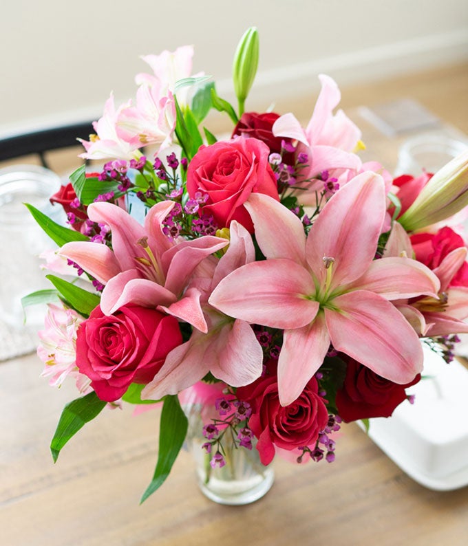 Same-Day Birthday and Anniversary Bouquet with Roses and Lilies at