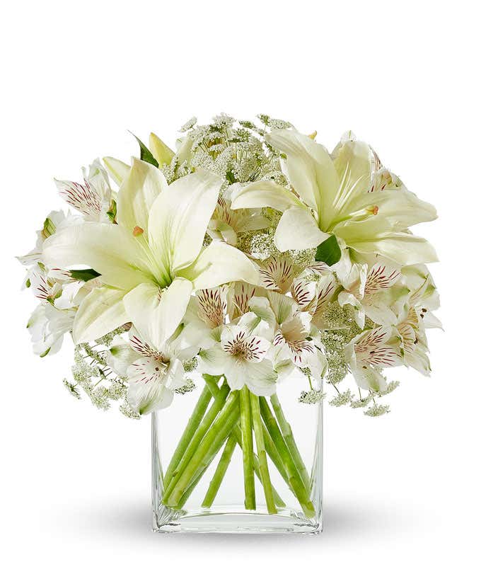 Elegant white floral arrangement featuring white lilies, white alstroemeria, and Queen Anne's lace in a clear cube vase.