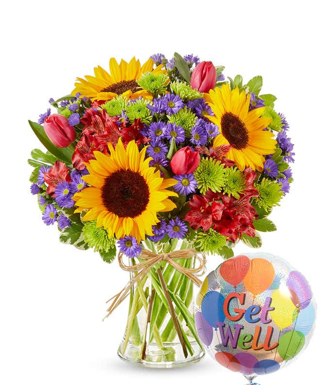 Get well soon flower arrangement with sunflowers, tulips and get well balloon