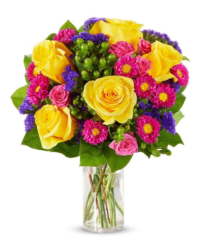 Yellow roses, hot pink roses and asters for delivery