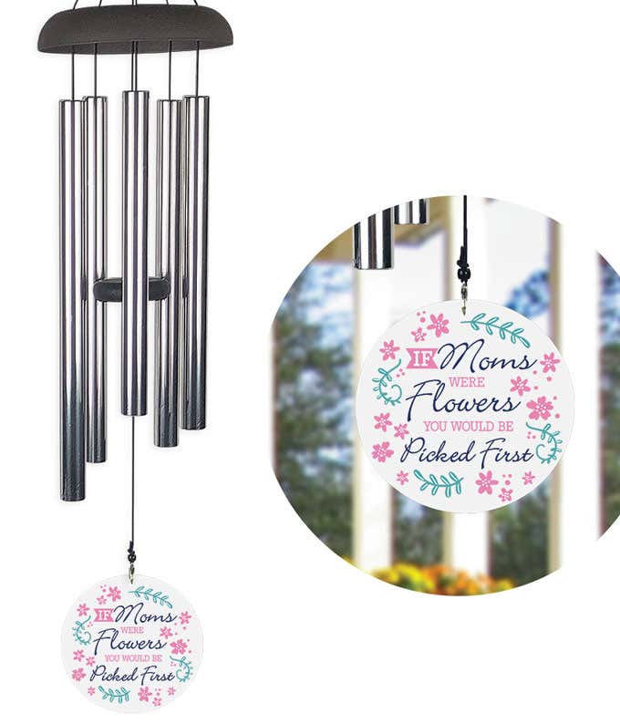 Mother's Day Wind Chime with 'If Moms Were Flowers, You'd be Picked First' sail, gift box, and option for personalized message.