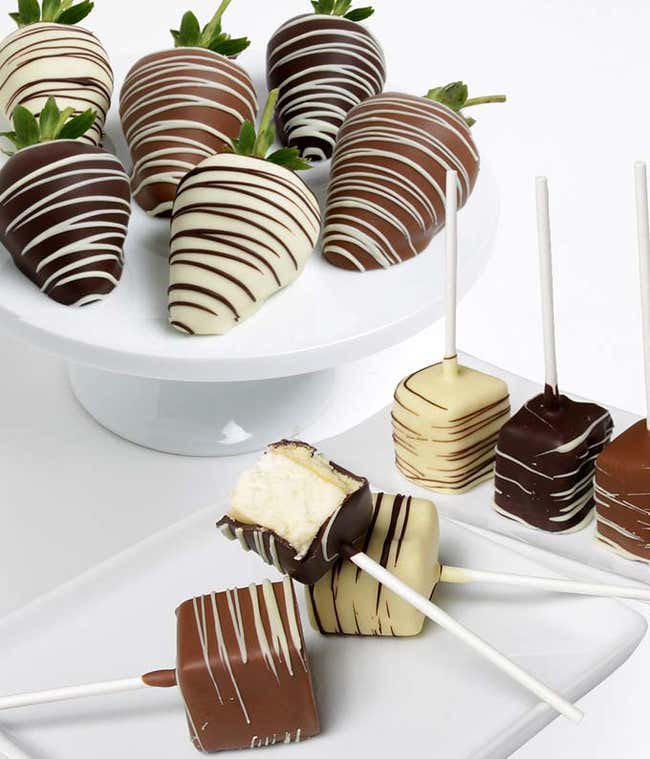 Chocolate Covered Strawberries and chocolate covered cheesecake bites with chocolate drizzle