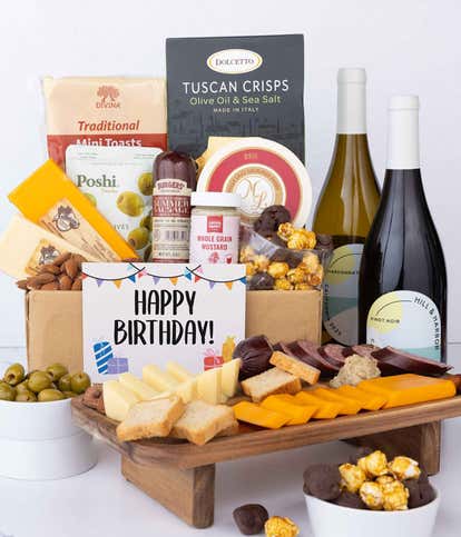 Happy Birthday! Charcuterie, Cheese & California Wine Gourmet Gift Box - Red & White Wine