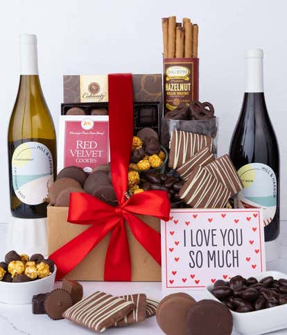 I Love You! Gourmet Chocolate & Wine Indulgence Gift Box - California Red & White Wine