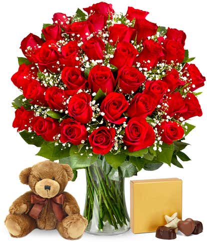 Three Dozen Red Roses with Chocolates & Teddy Bear