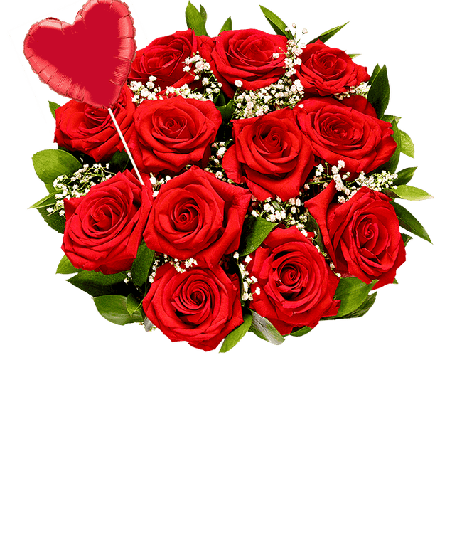 Partial image of One dozen red roses with a heart balloon without vase.