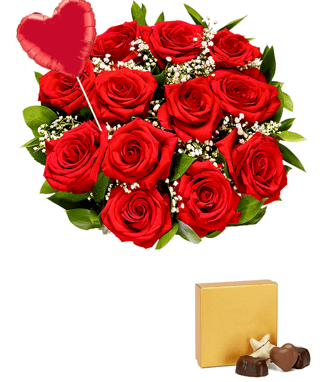 Partial image of One dozen red roses with a heart balloon and teddy bear without vase.