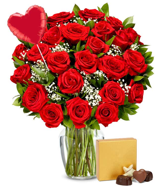 Two Dozen Red Roses + Heart Eye Emoji Balloon + Chocolate