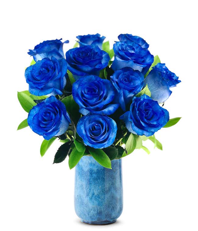 A bouquet of one dozen blue roses, optionally arranged in a glass vase.