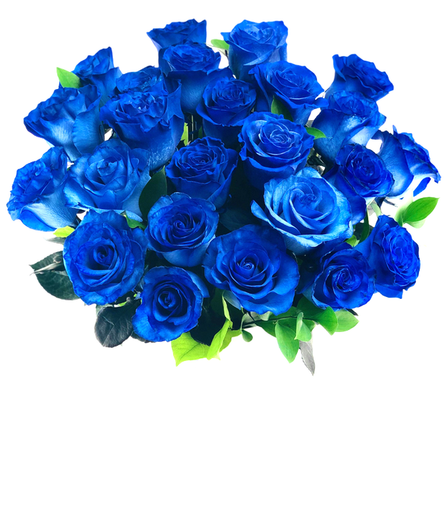 Partial image of A bouquet of two dozen blue roses, with an optional glass vase. without vase.