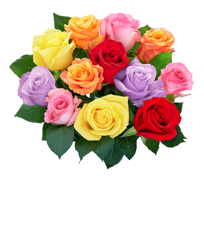 Partial image of A bouquet of multicolored roses in a clear vase, featuring red, pink, orange, yellow, peach, and lavender blooms, arranged with green leaves for a vibrant and cheerful display. without vase.