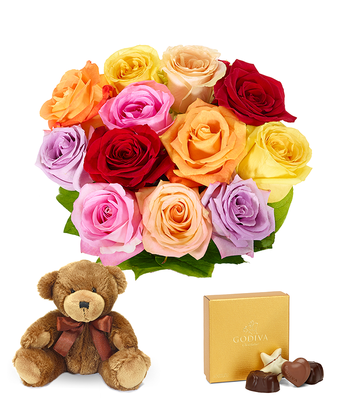 Partial image of One Dozen Rainbow Roses + Chocolate + Bear without vase.