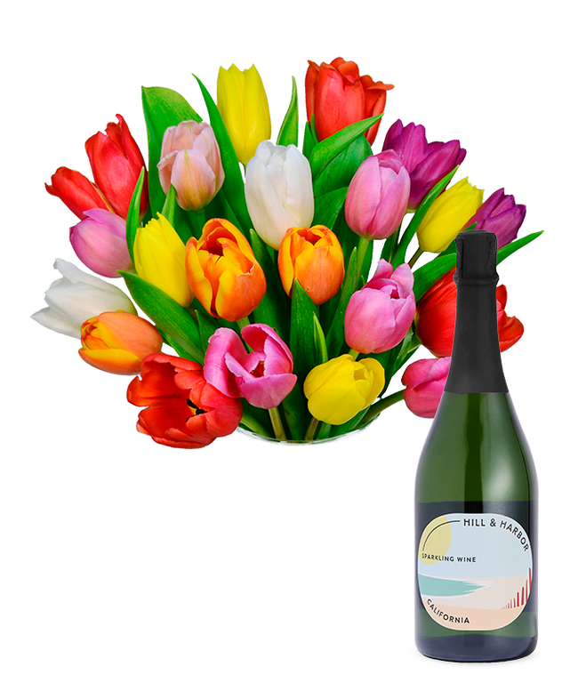 Partial image of Premium Rainbow Tulip Bouquet with Sparkling Wine without vase.