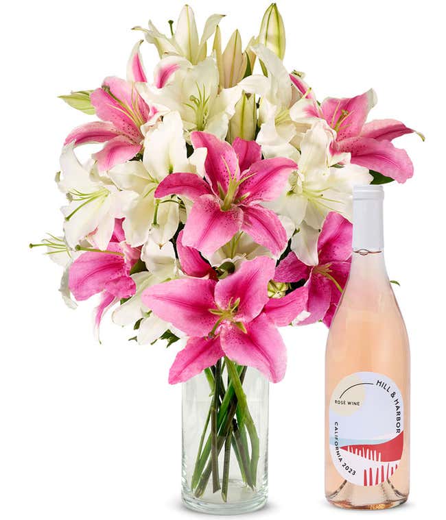 Pink and White Lilies with Ros&eacute; Wine