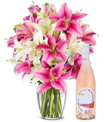 Premium Pink and White Lilies with Ros&eacute; Wine