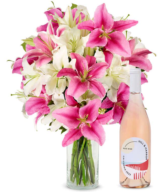 Premium Pink and White Lilies with Ros&eacute; Wine