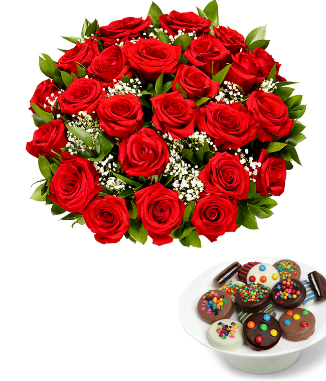 Partial image of Two Dozen Roses with Celebration Chocolate Oreos without vase.