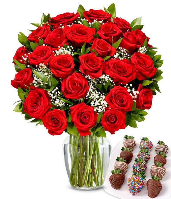 Two dozen red roses with one dozen chocolate covered strawberries decorated with rainbow sprinkles